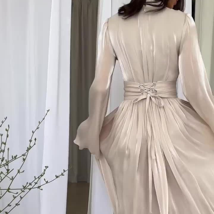 Socialite French-Look Long Neck Round Waist Flowing Long Dress