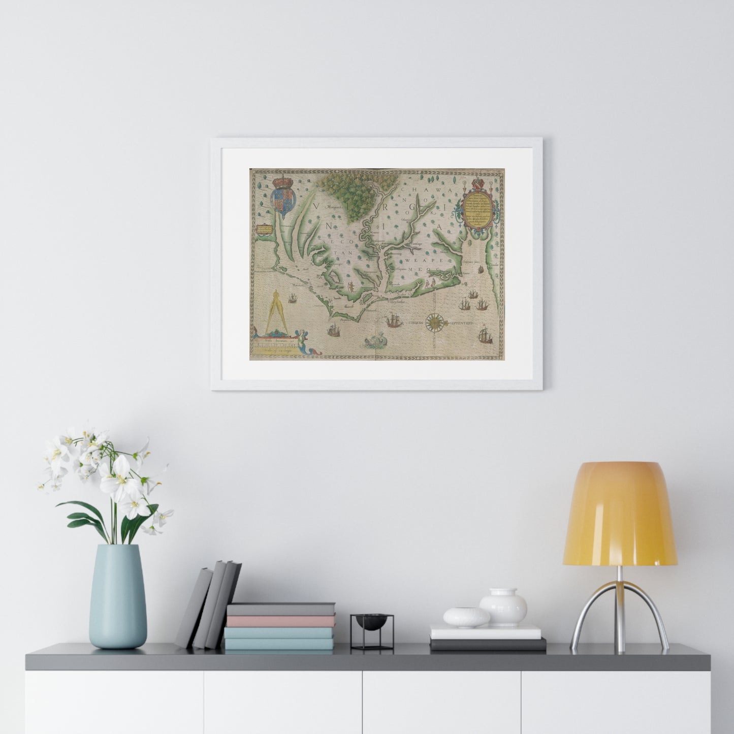 Engraved Map of Virginia (1618) Showing the Arrival of Sir Walter Raleigh's Expedition, from the Original, Framed Print