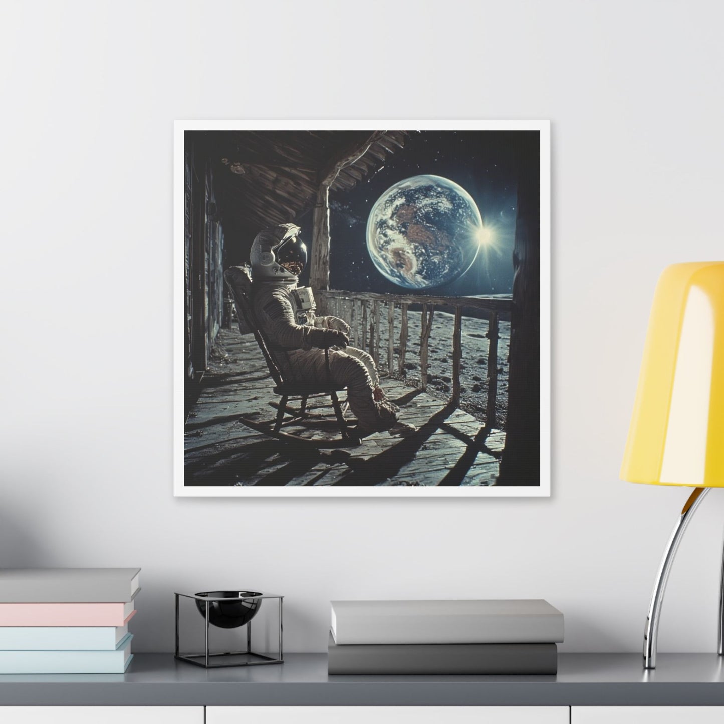 Astronaut on the Moon Sitting in a Rocking Chair on the Porch of a Farmhouse, Photorealism 'Designed by AI' Canvas Art Print