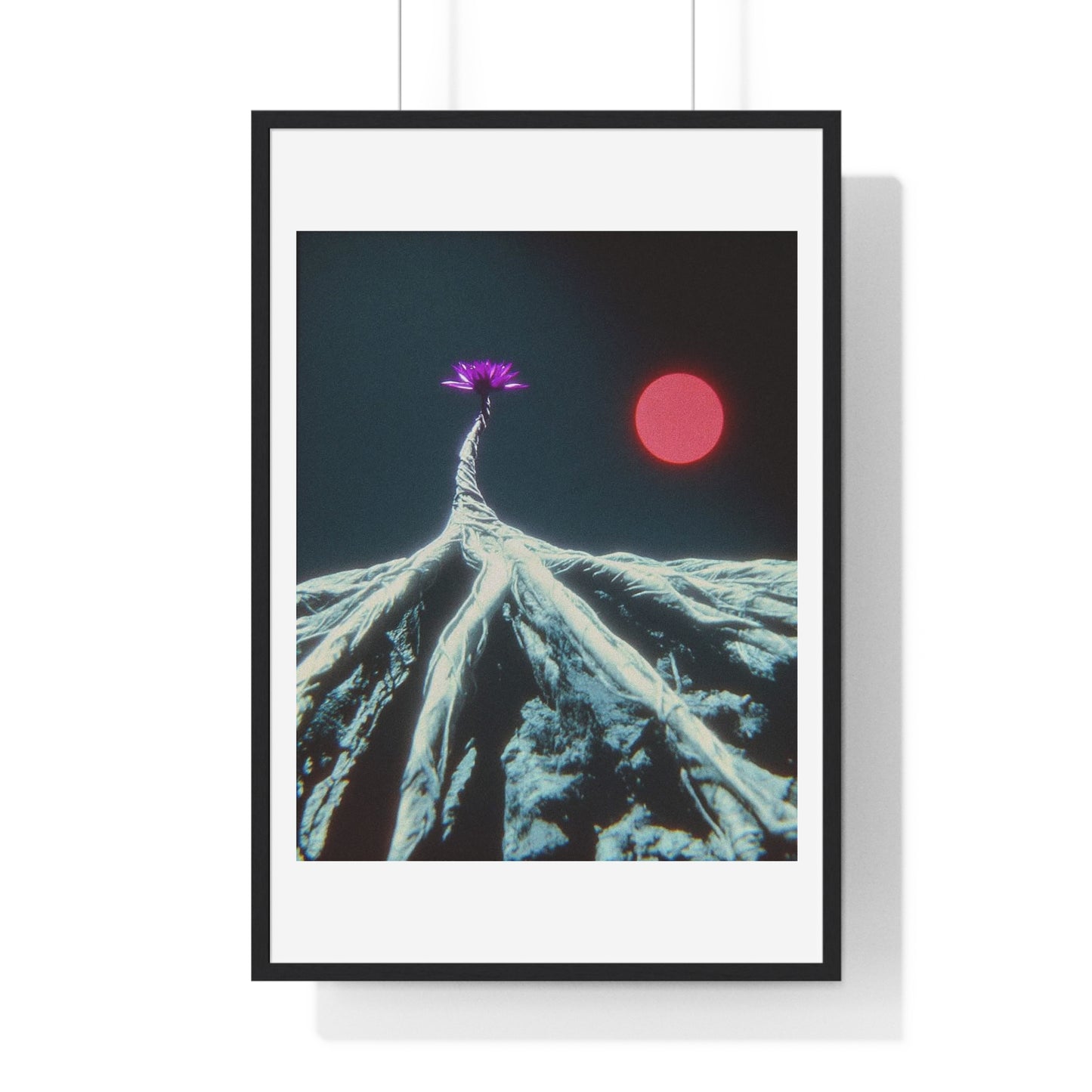 One Purple Flower Growing From Frozen Tundra Against a Red Sun 'Designed by AI' Framed Art Print
