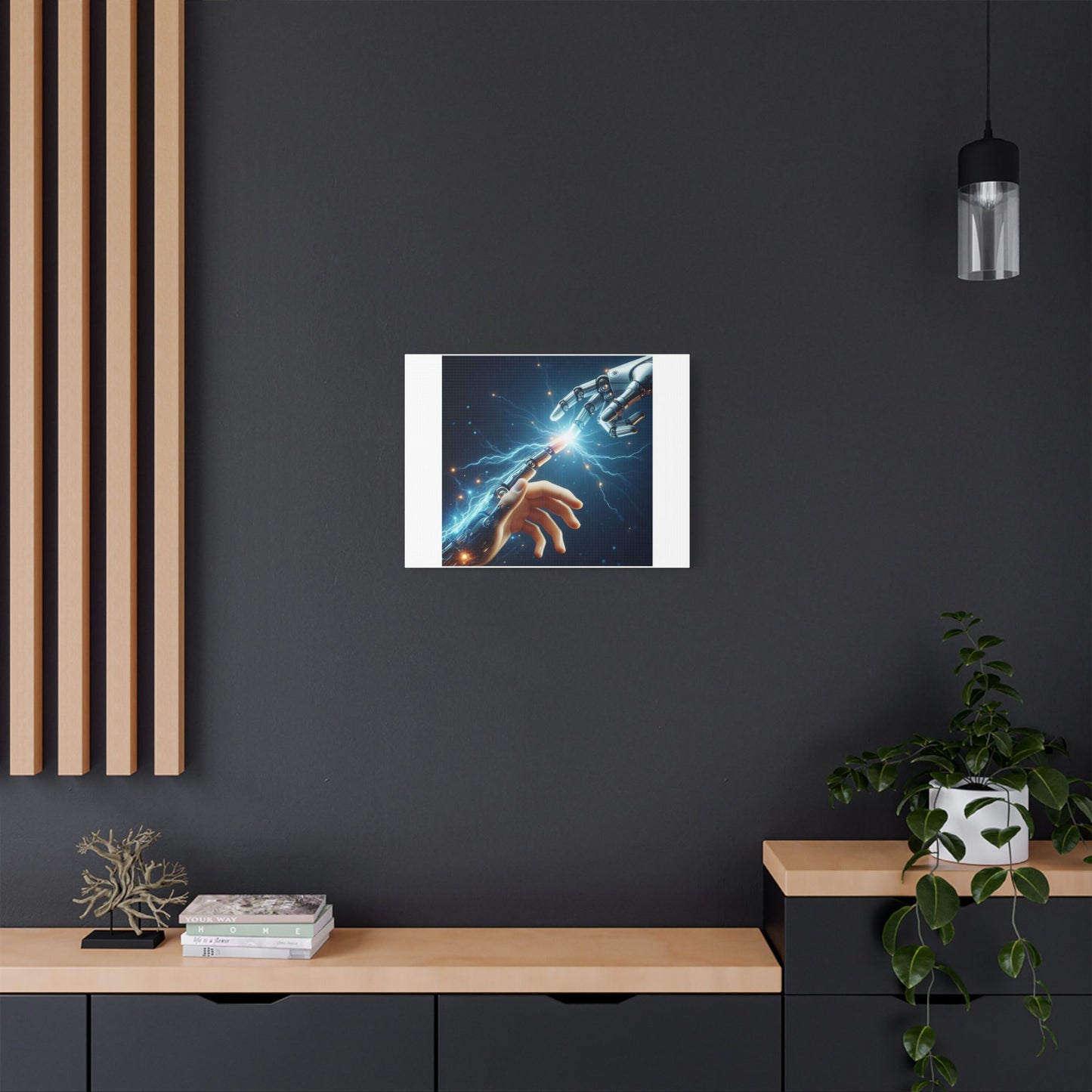 Robot and Human in Michelangelo's 'Creation of Adam' III, Art Print 'Designed by AI' on Canvas