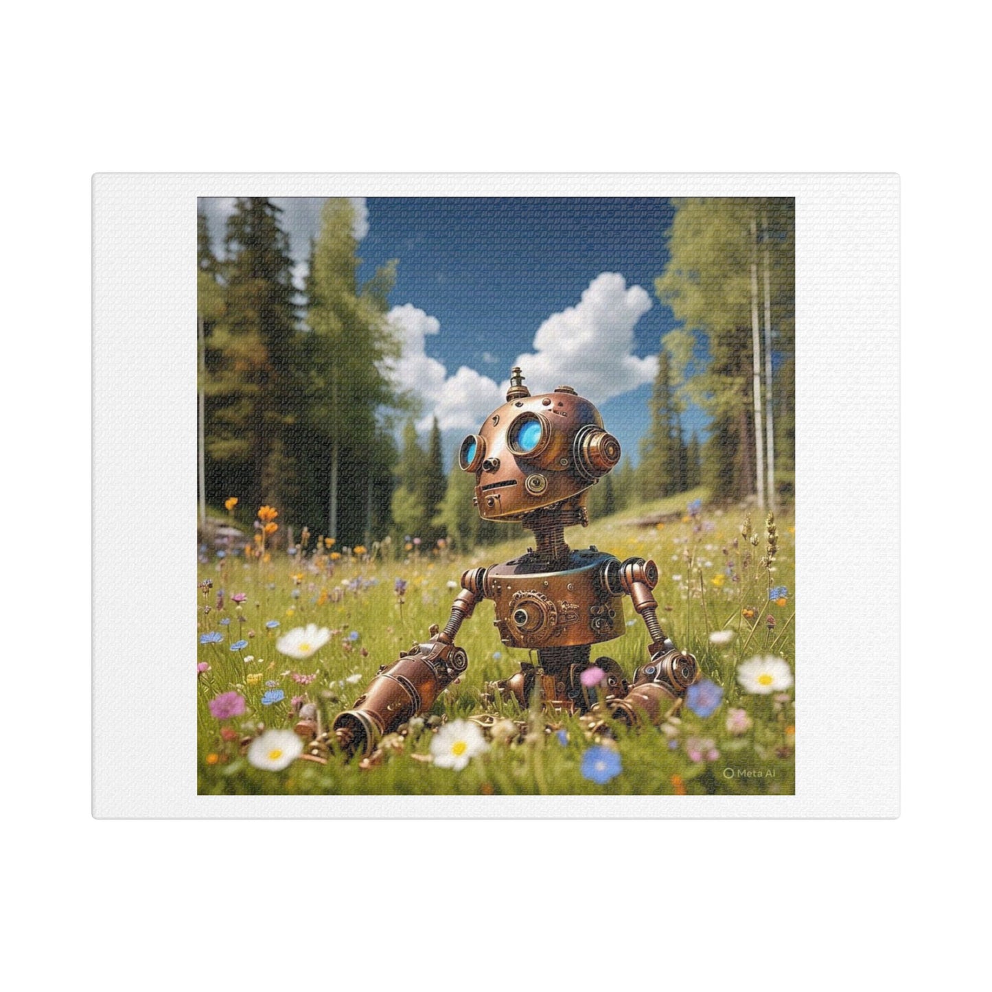 Adorable Robot Exploring a Spring Meadow 'Designed by AI', Art Print on Canvas