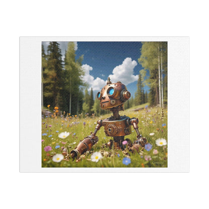 Adorable Robot Exploring a Spring Meadow 'Designed by AI', Art Print on Canvas