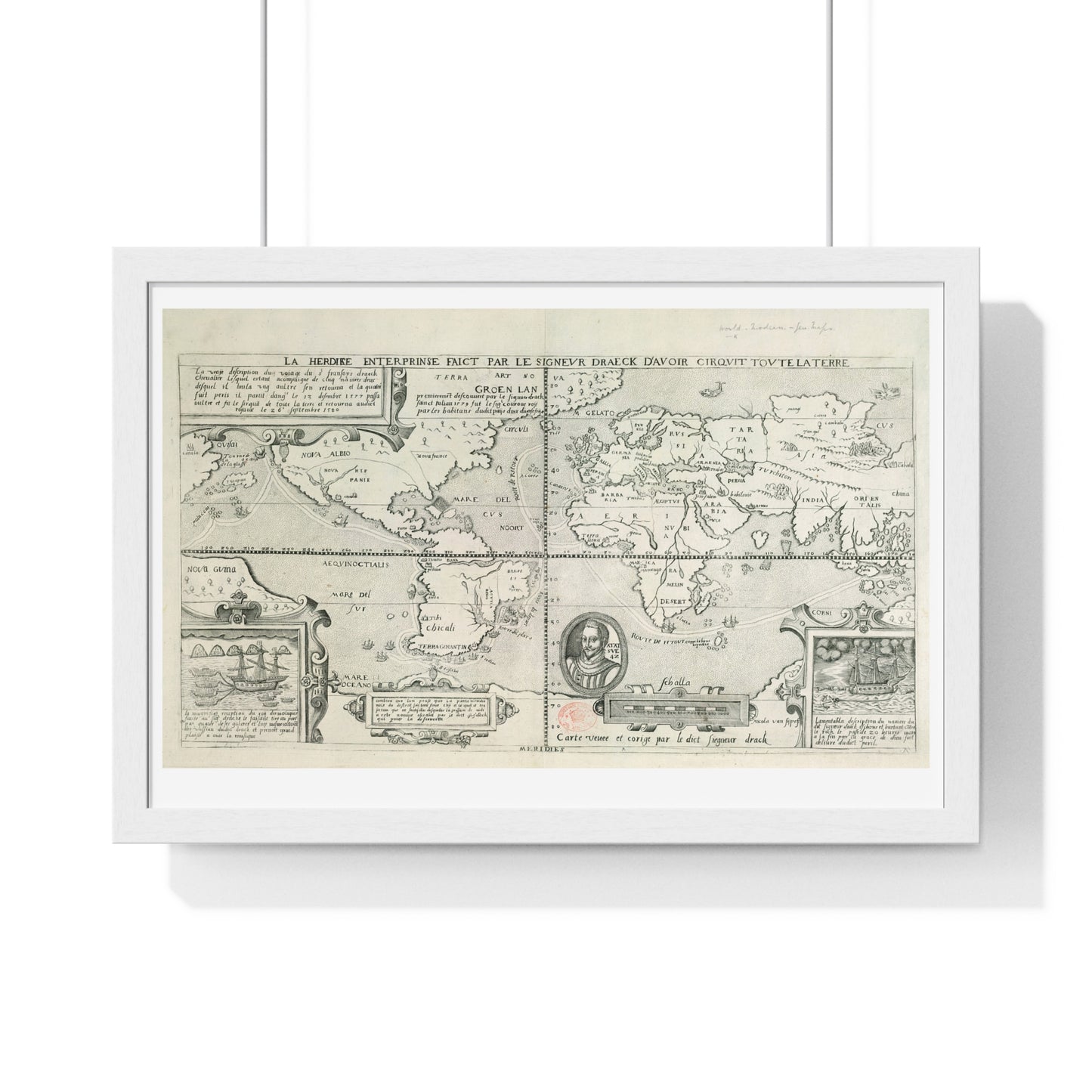 Francis Drake's World Voyage, Tudor Antique Map (circa 1581) from the Original, Framed Print