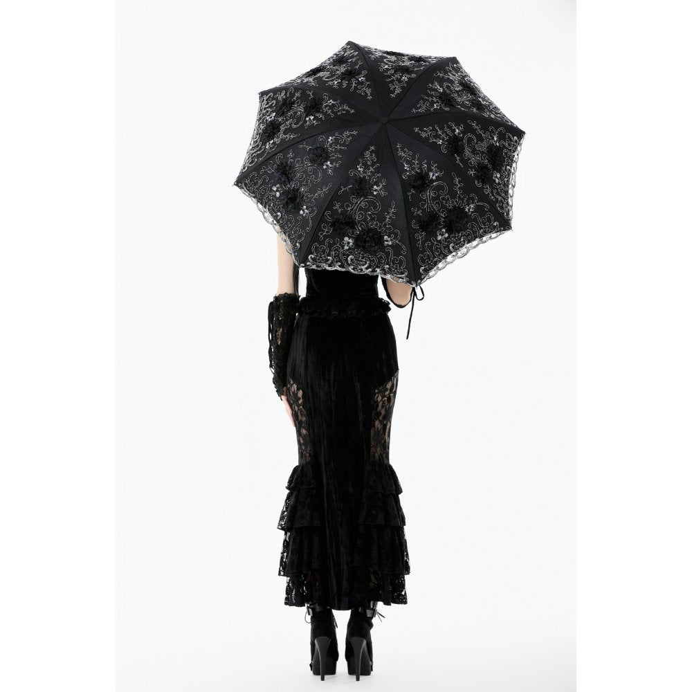Dark in Love Belladonna Embroidered Folding Parasol in Black