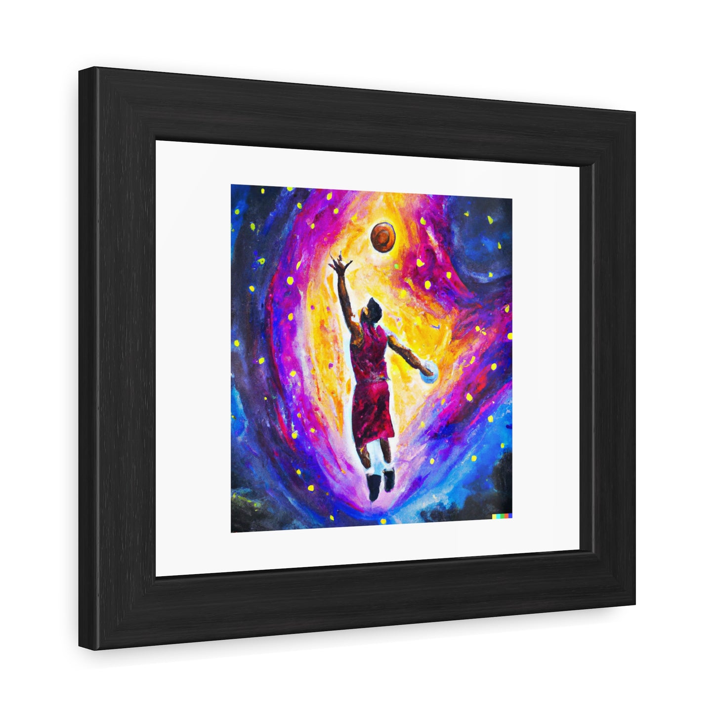 Peinture expressive d'un joueur de basket-ball représenté comme une explosion d'une nébuleuse 'Conçu par AI' Poster encadré en bois sur papier mat classique