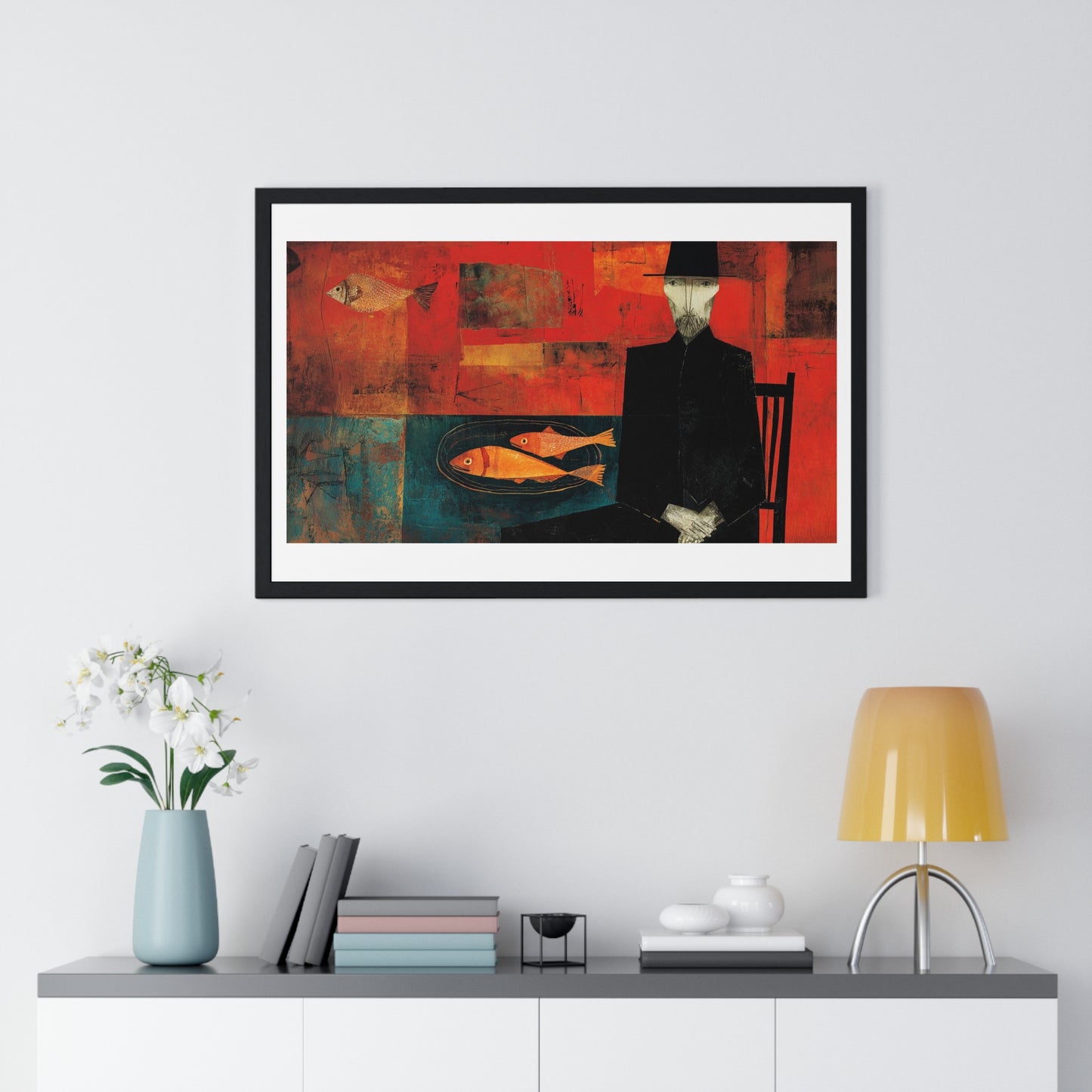 The Man and the Golden Fish in the Style of Modigliani 'Designed by AI' Framed Art Print