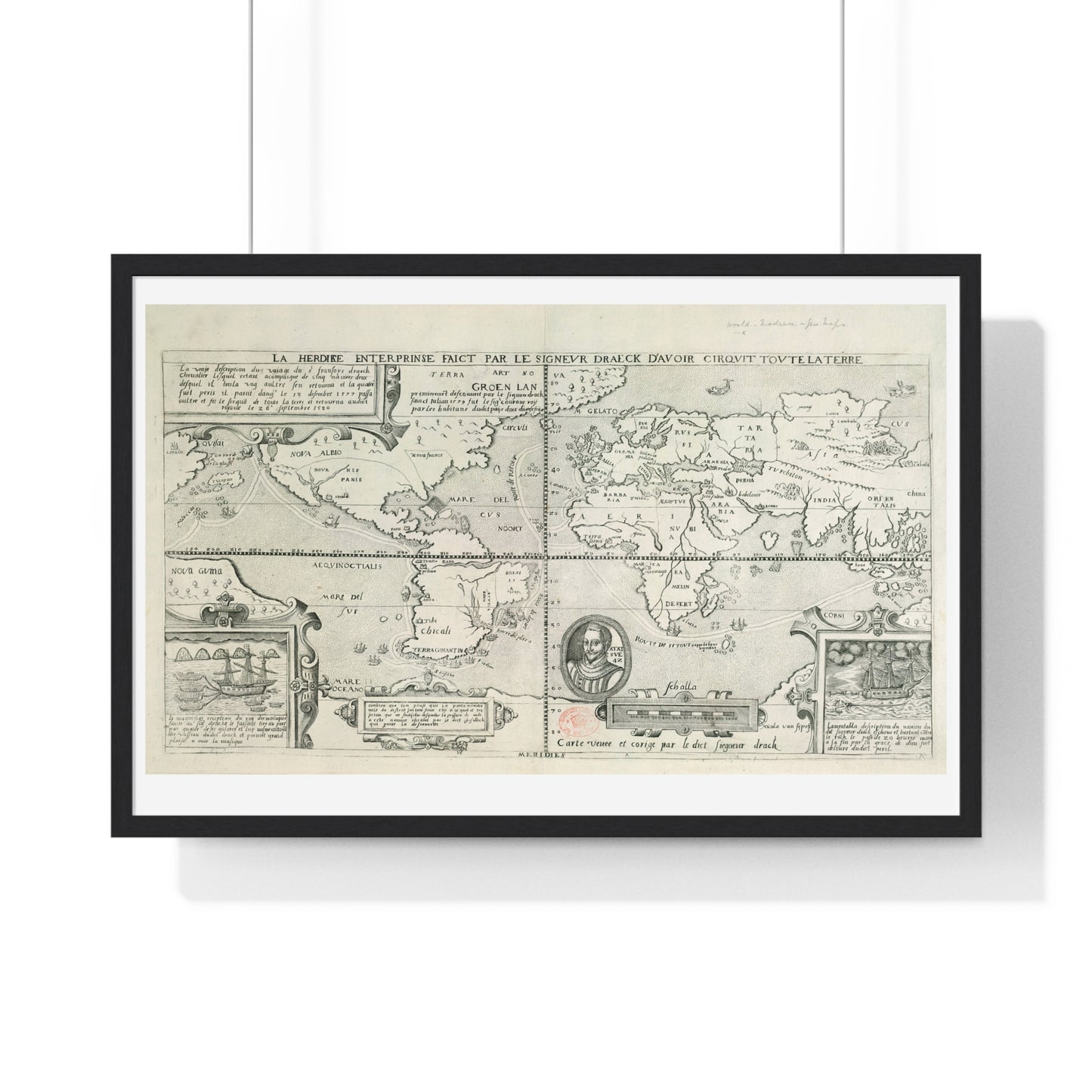 Francis Drake's World Voyage, Tudor Antique Map (circa 1581) from the Original, Framed Print