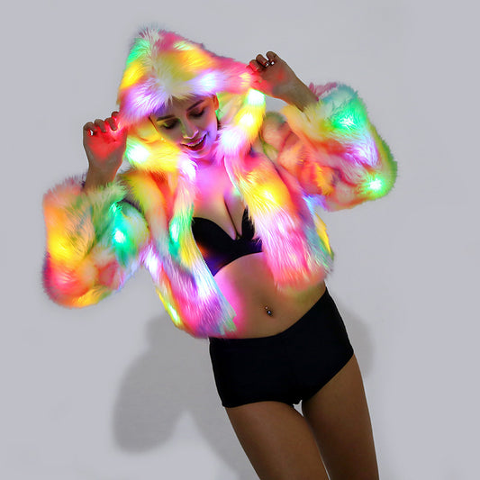 'Light-Up Techwear' Costume-Party-Festival Performance Colour LED Faux Fur Jacket