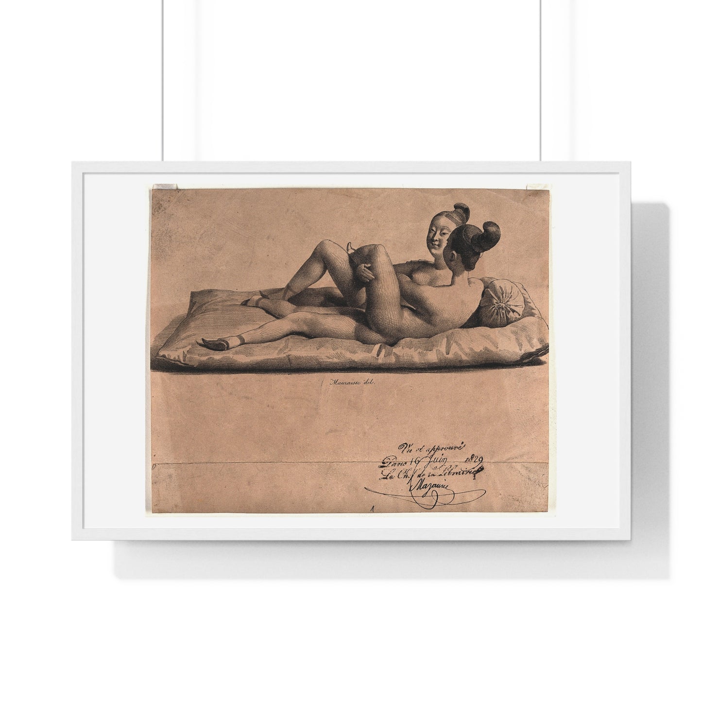 Two Chinese Girls with Bound Feet are Making Love on a Mattress (1829) Lithograph by Jean-Baptiste Mauzaisse, Framed Print