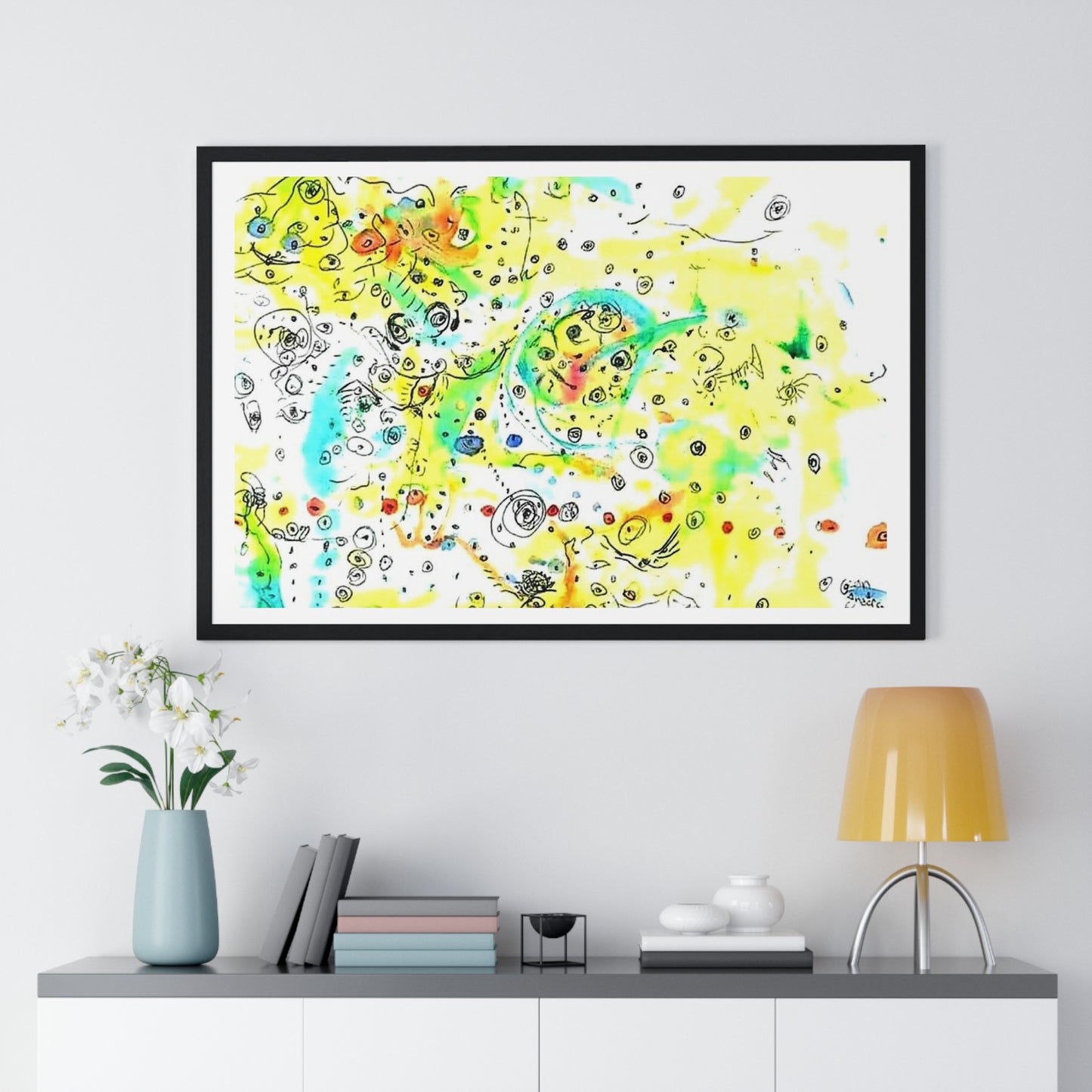 Yellow Scatter Pattern, Abstract Large Wall Art, Framed Print