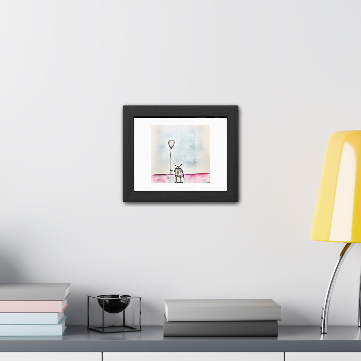 Art abstrait au crayon et à l'aquarelle d'un robot solitaire 'Conçu par AI' Poster encadré en bois en papier mat classique