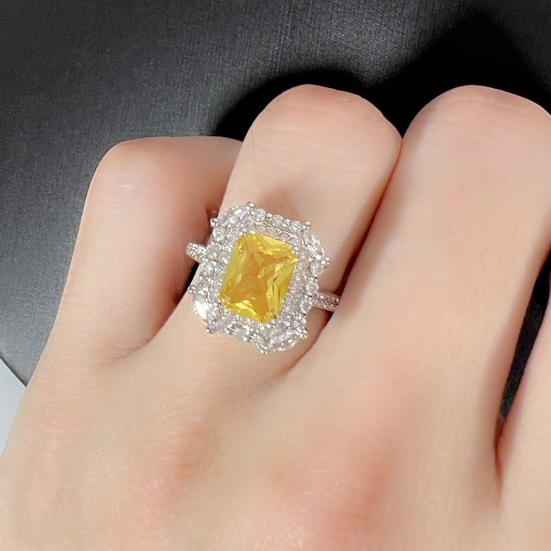 Crystal Square Design, Sparkling Yellow or Purple Citrine Adjustable Ring