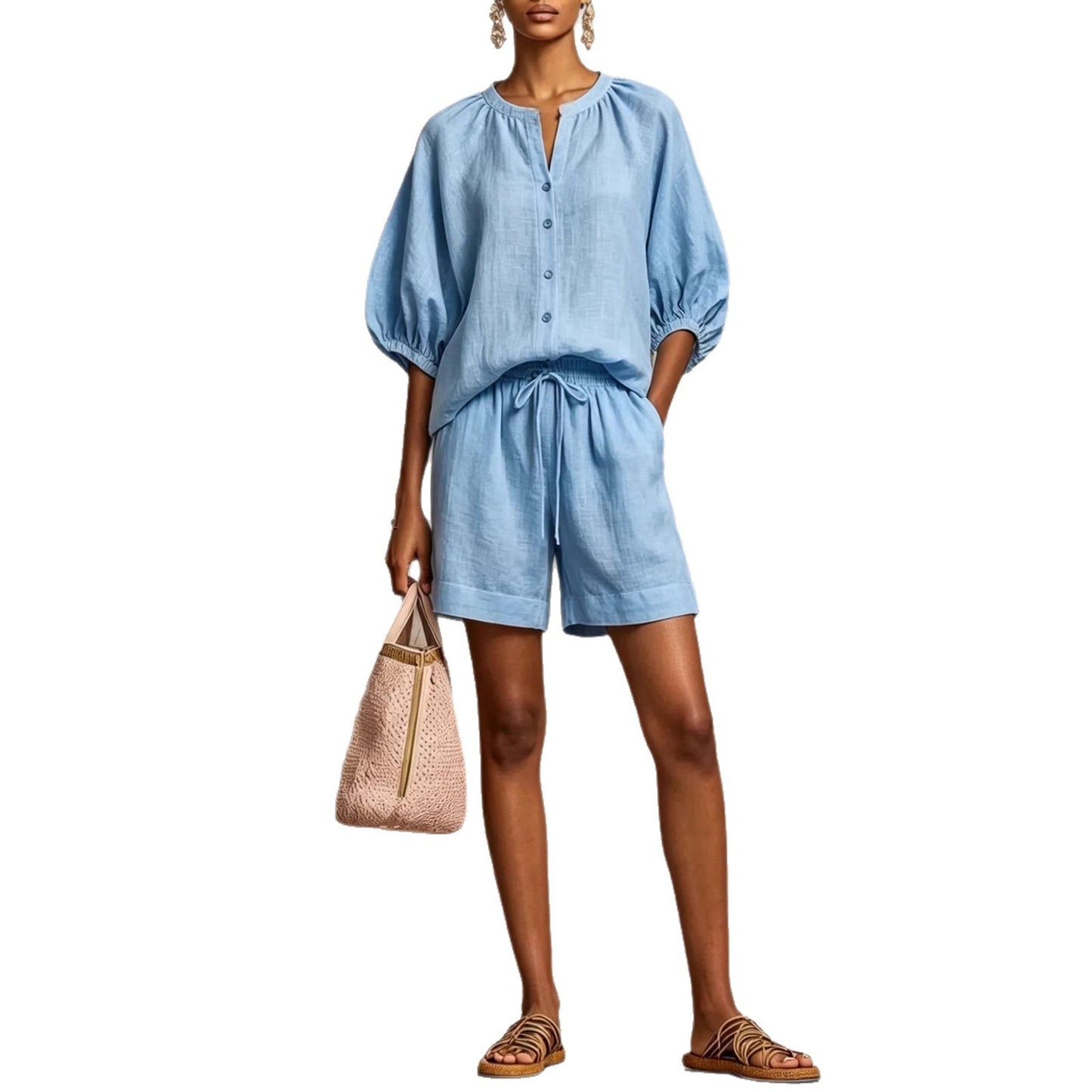 Summer Fashion Cotton-Linen Lantern-Sleeve Shirt and Drawstring Shorts Set
