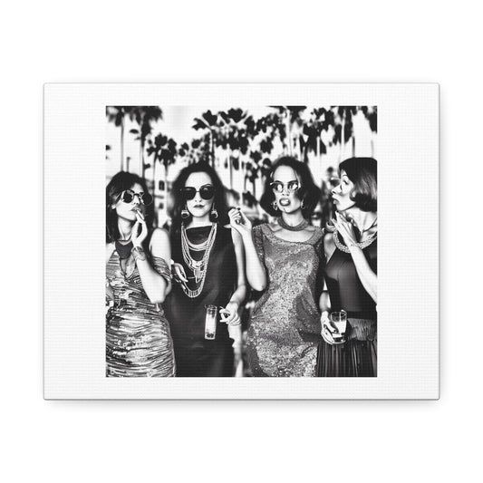 1970s French Women in Cannes Nightclub Black and White Photorealism Designed By AI on Canvas