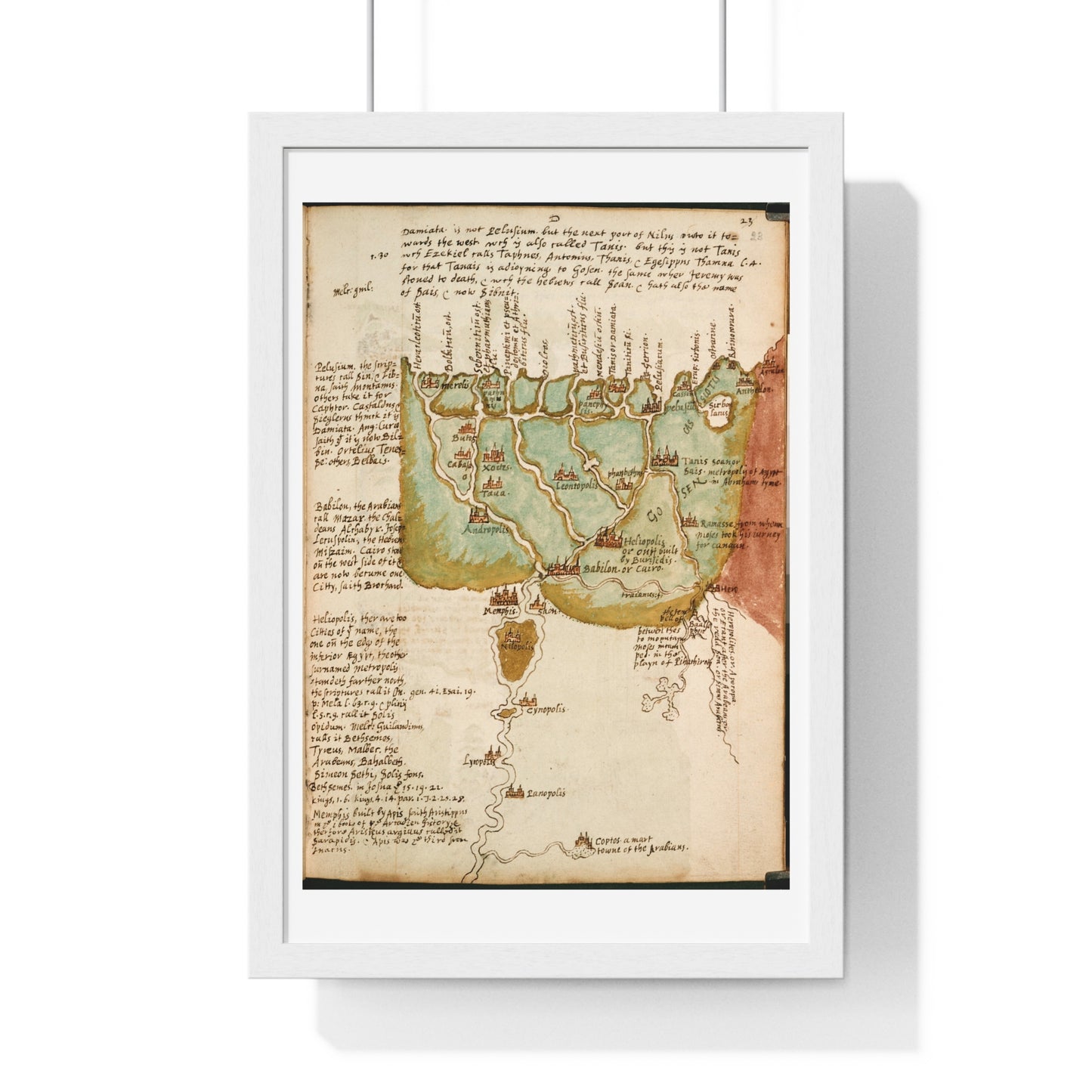 Antique Map of Lower Egypt (circa 1607) from the Original Sir Walter Raleigh Manuscript, Framed Print