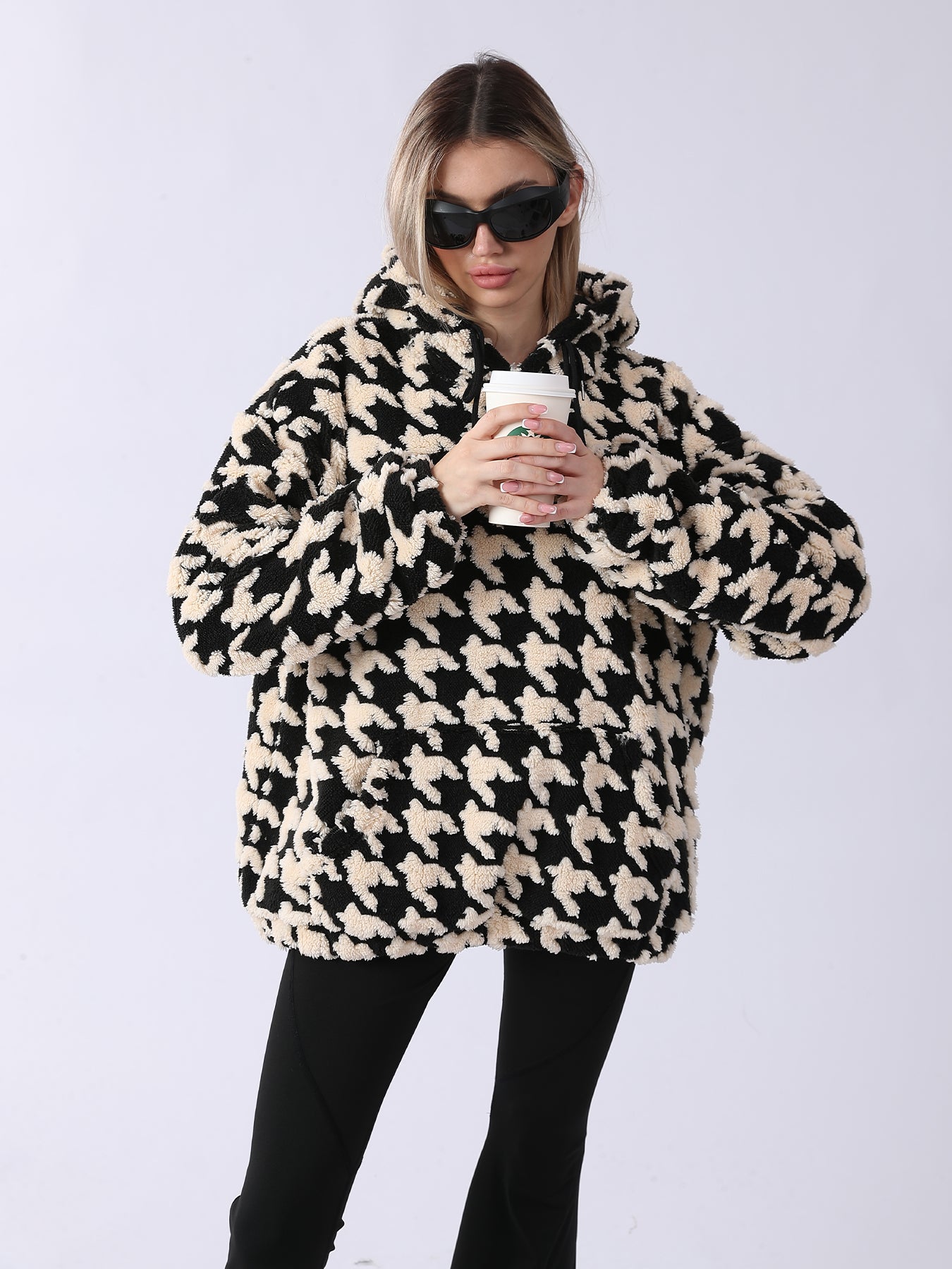 Vireous Women's Houndstooth Loose-Fit Fashion Hoodie, Plus Sizes