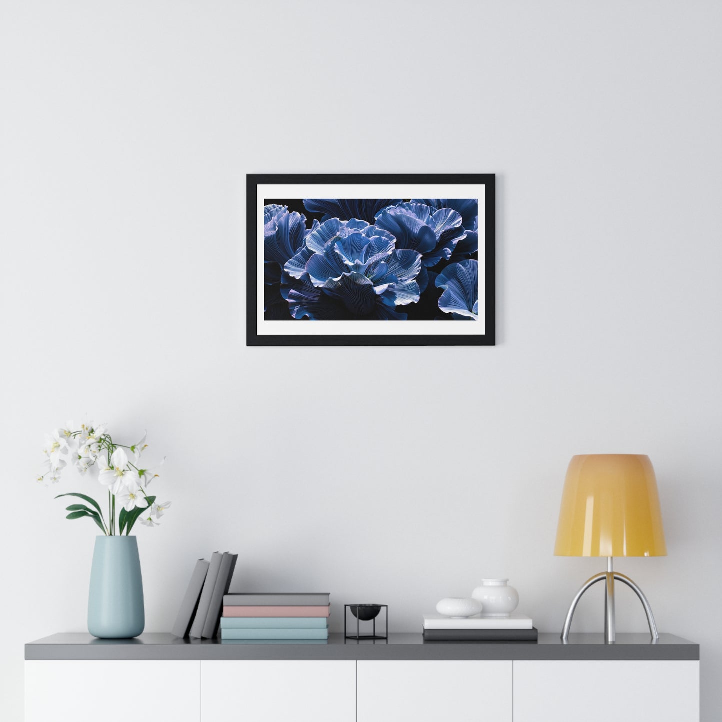 Iris Petals, Blue Vibrant Art 'Designed by AI' Framed Print