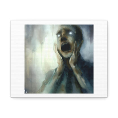 Terrified Man, No Hope, Rain Fog, Water Colour by Annick Dehon 'Designed by AI' Print on Satin Canvas