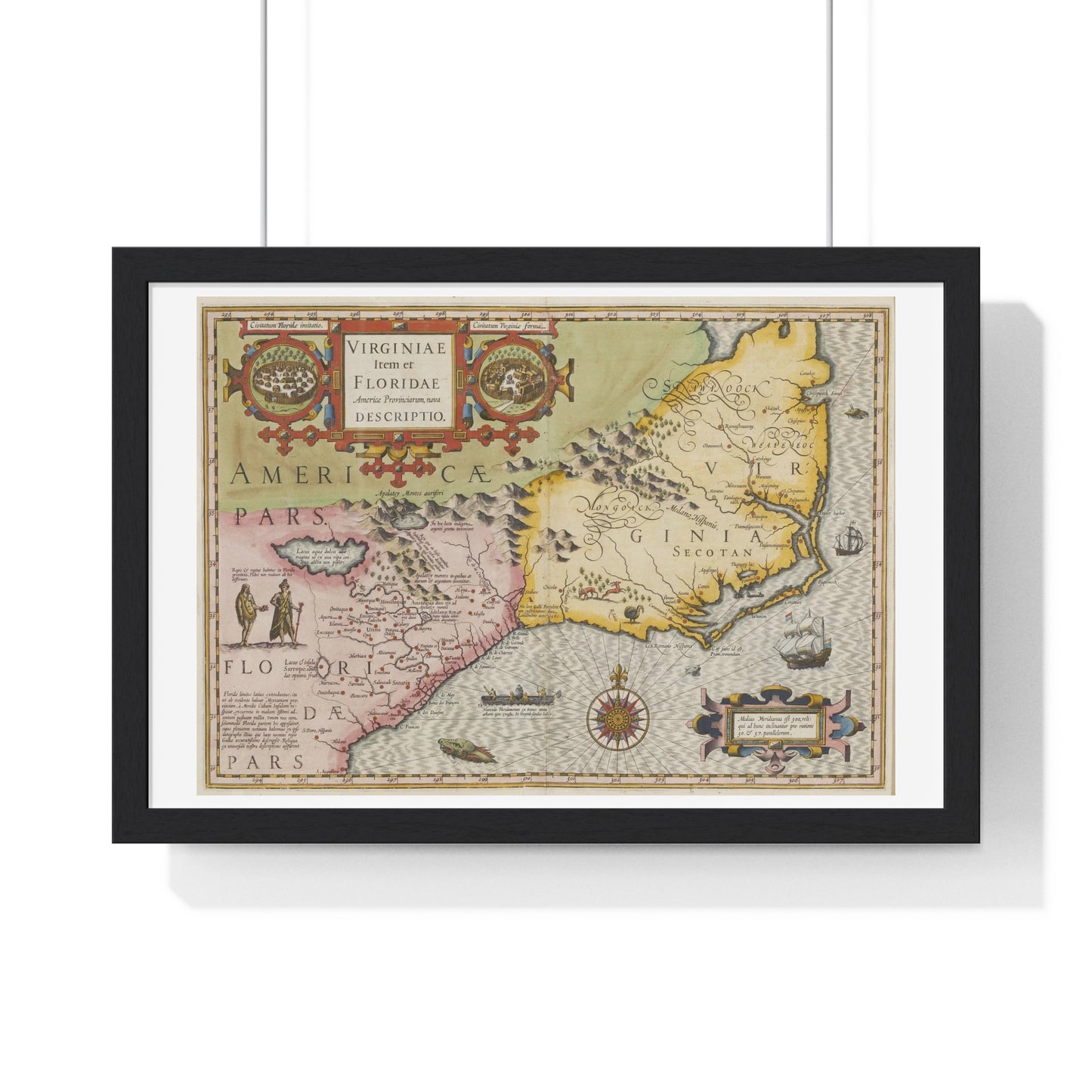 Historic Map of the American South: Virginia Item et Floridae (1606) by Gerardus Mercator and Jocodus Hondius, Framed Print