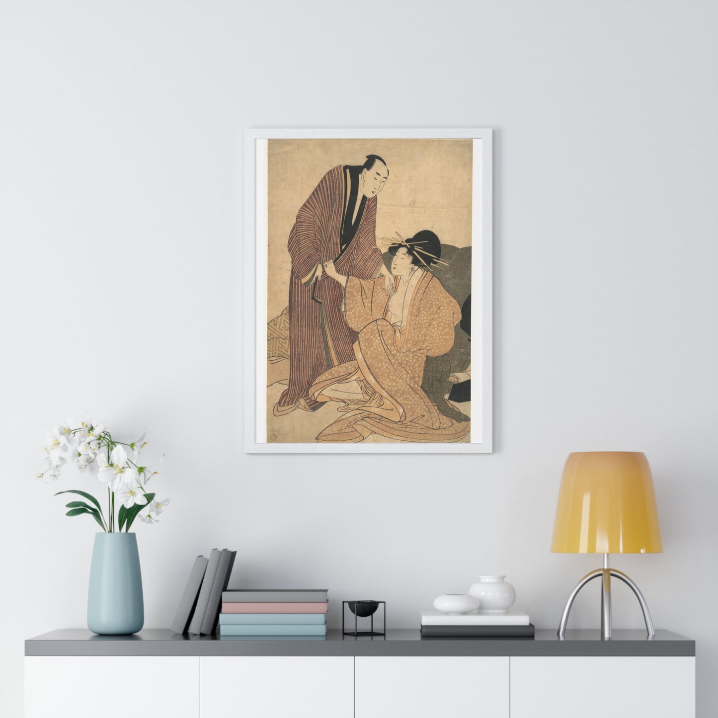 Japanese Vintage Art: Parting of Lovers, the Courtesan and her Lover (circa 1800) by Utamaro Kitagawa, Framed Art Print