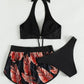 Three-Piece Leaf Print Bikini with Shorts, Fashion Summer Beach Swimsuit