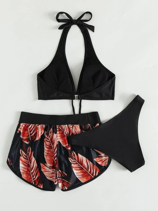 Three-Piece Leaf Print Bikini with Shorts, Fashion Summer Beach Swimsuit