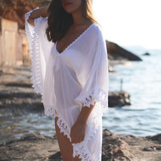Vireous Solid Colour Beach Bikini Lace White Blouse