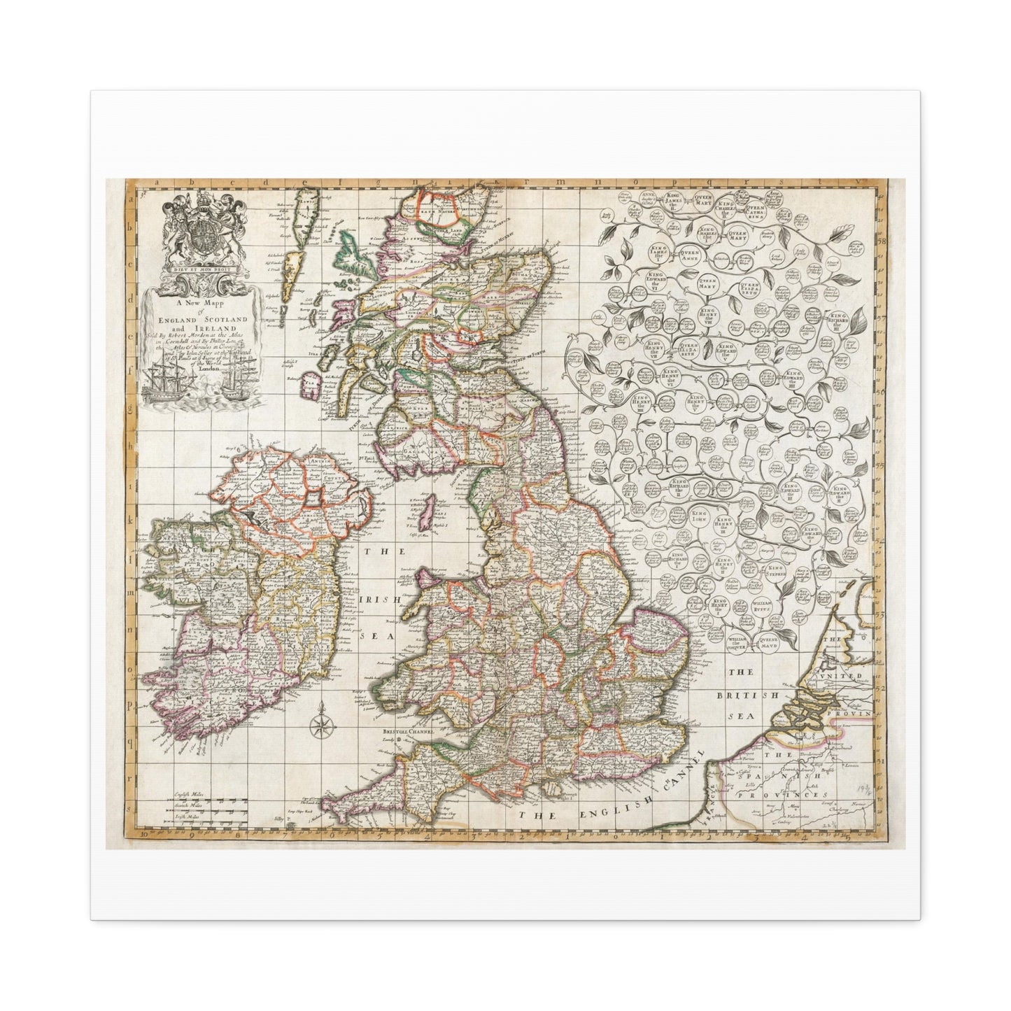 Antique Map of England Scotland and Ireland (1687) drawn by Robert Morden Art Print from the Original on Satin Canvas