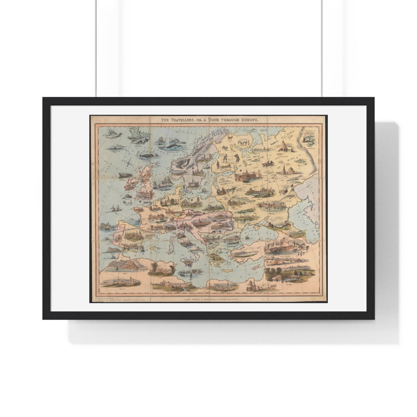 Map of the World 'The Travellers or a Tour Through Europe' (1842) by William Spooner, from the Original, Framed Art Print