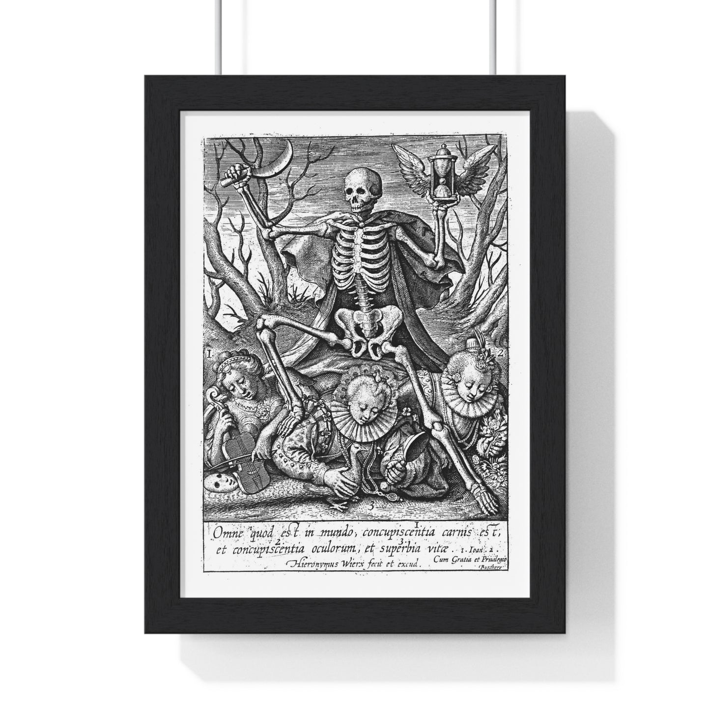 Death Tramples on Three Female Allegorical Figures Representing Sensual Pleasures, Etching by Hieronymus Wierix, Vintage Framed Print