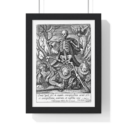 Death Tramples on Three Female Allegorical Figures Representing Sensual Pleasures, Etching by Hieronymus Wierix, Vintage Framed Print