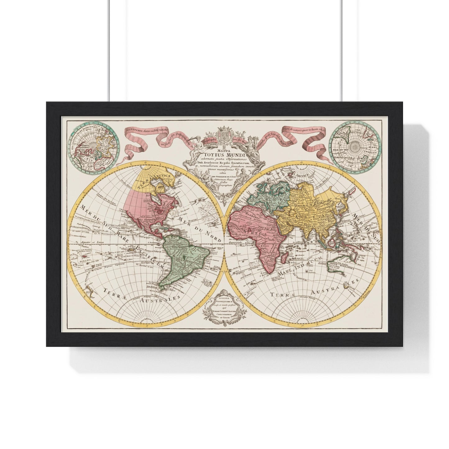 Antique Map of the World 'Mappa Totius Mundi' (1775) by Guillaume de L'Isle, from the Original, Framed Art Print