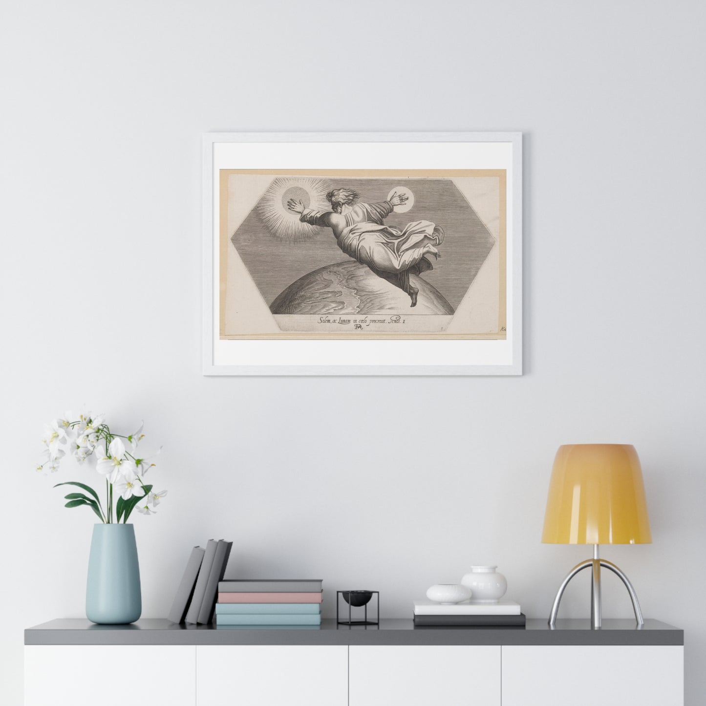 God Schept de Zon en de Maan (1626) by Francesco Villamena and Rafaël, from the Original, Framed Art Print