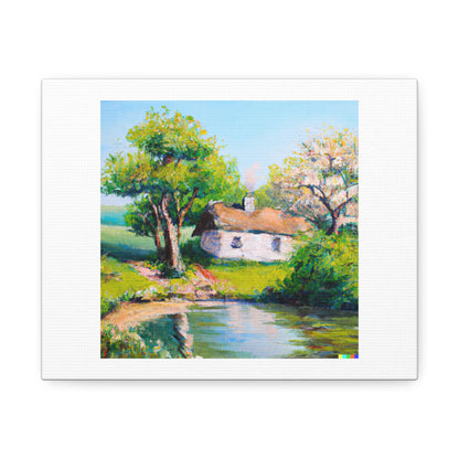 Oil Painting of a Cottage Near a Pond in Spring Time digital art 'Designed by AI' on Canvas