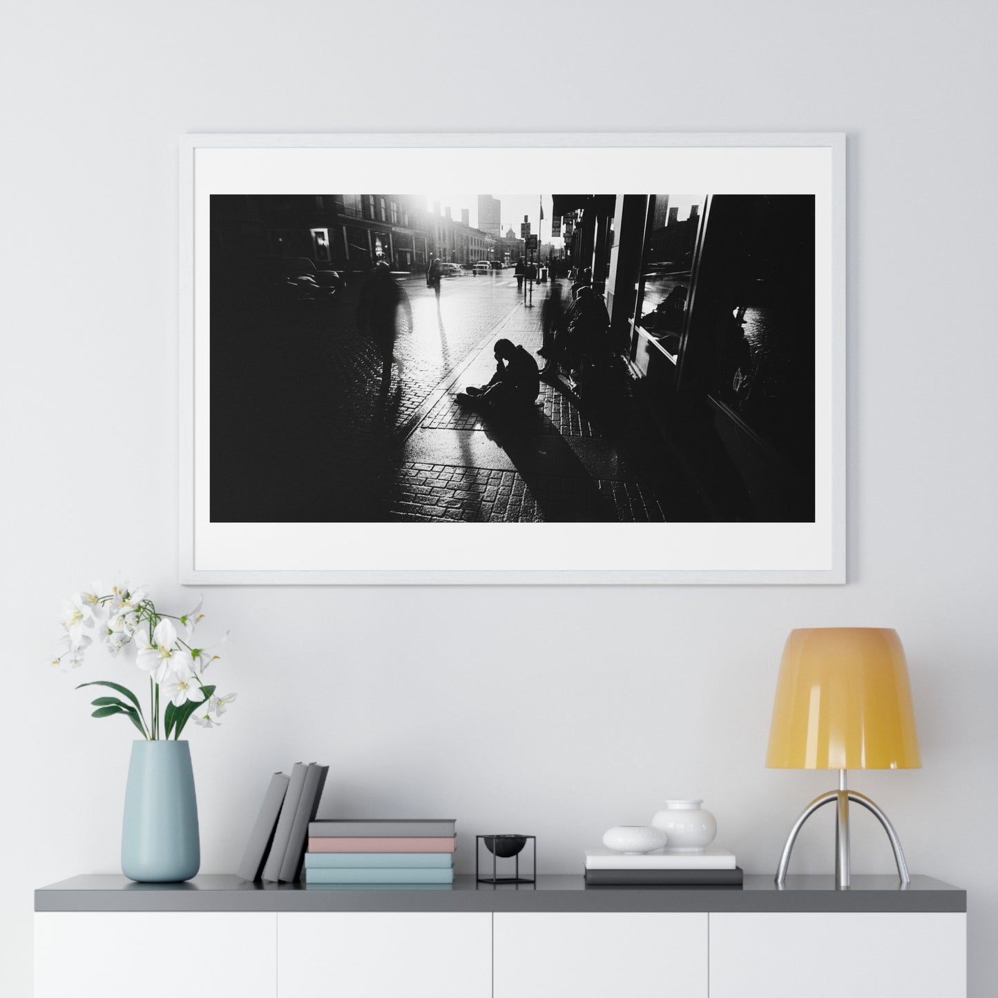 Black and White Photography, High-Contrast Cityscape 'Designed by AI' Framed Print