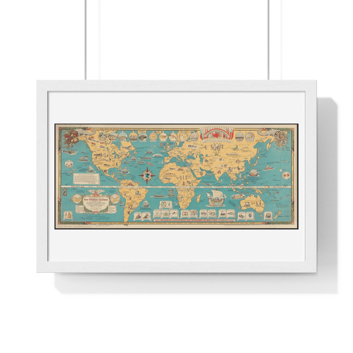 Mercator Map of the World United: A Pictorial History of Transport and Communications and Paths to Permanent Peace (1944), from the Original, Framed Art Print