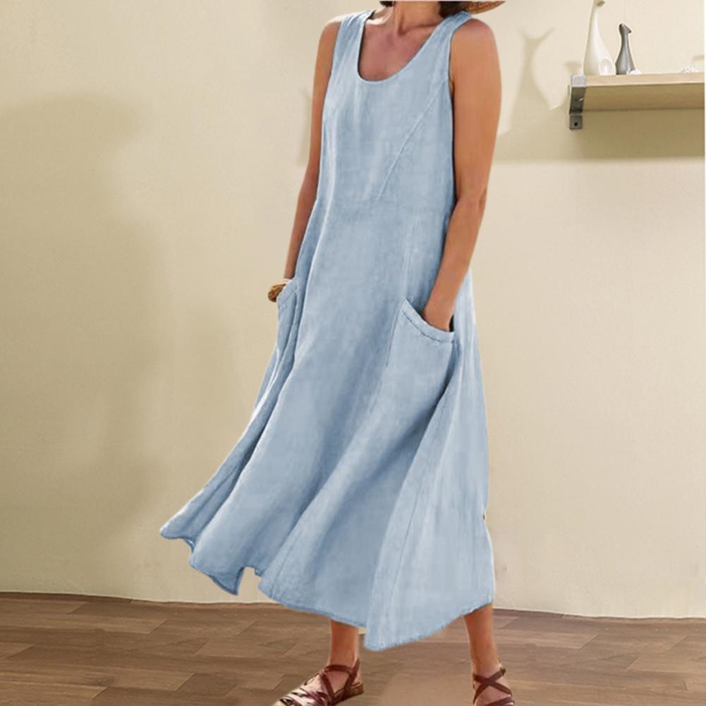 Summer Sleeveless Long Smock Dress with Pockets, Plus Sizes
