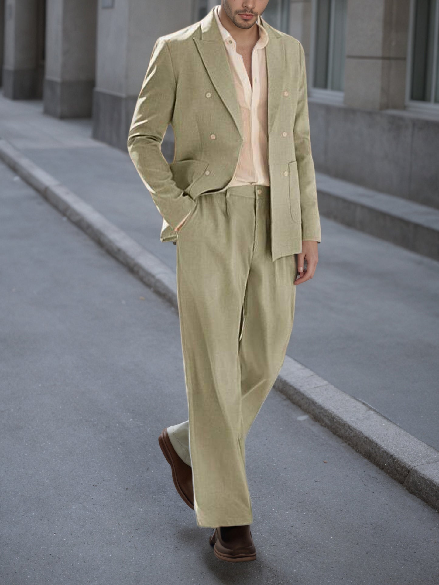 Men's Tawny Double-Breasted Blazer and Wide Leg Pants Suit