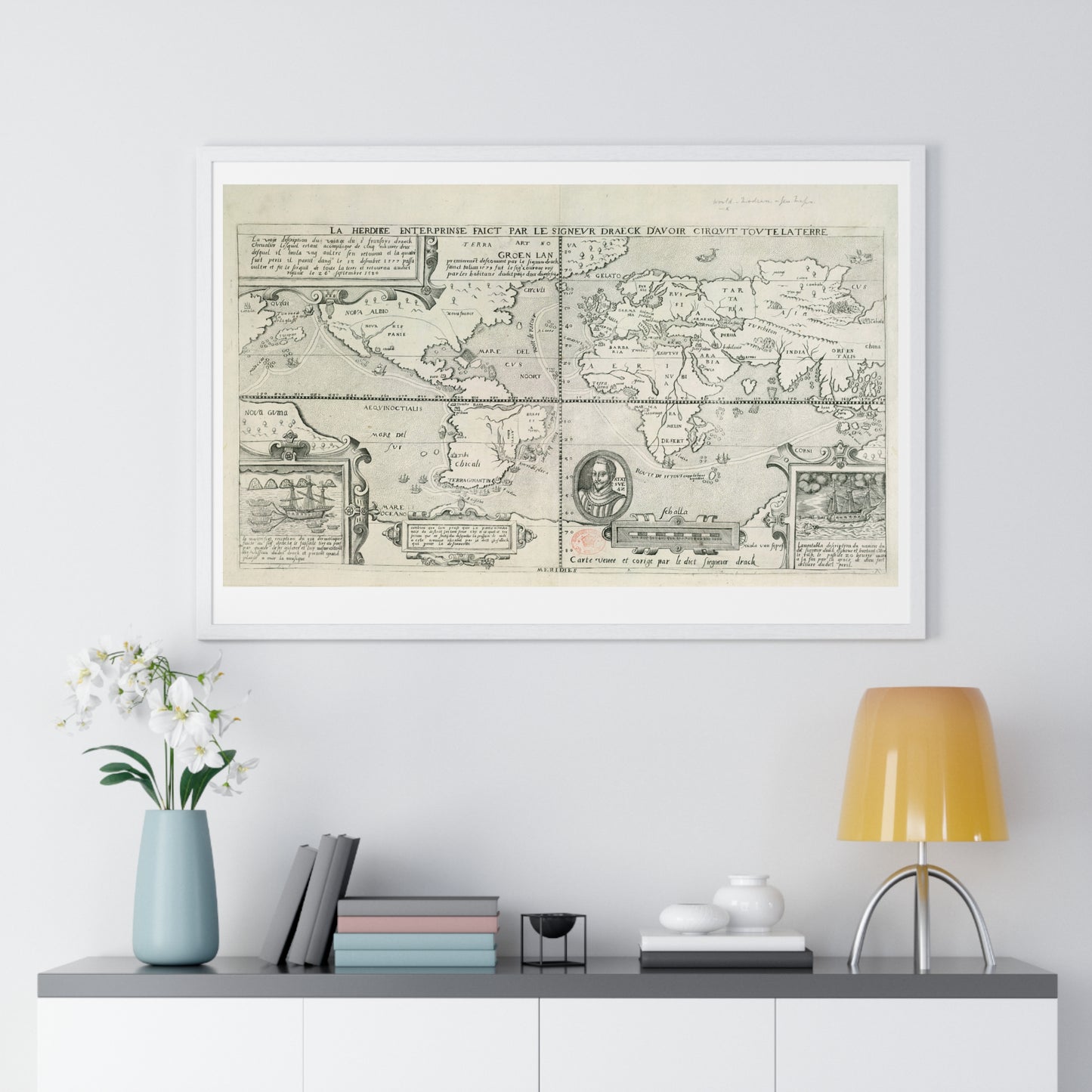 Francis Drake's World Voyage, Tudor Antique Map (circa 1581) from the Original, Framed Print