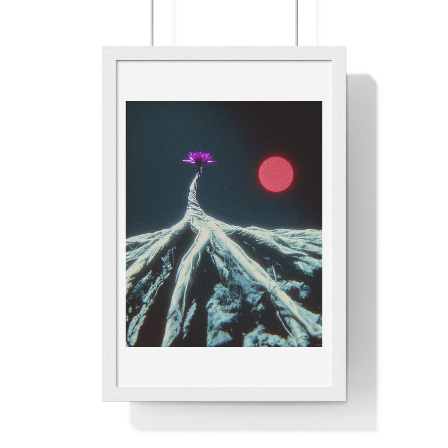 One Purple Flower Growing From Frozen Tundra Against a Red Sun 'Designed by AI' Framed Art Print