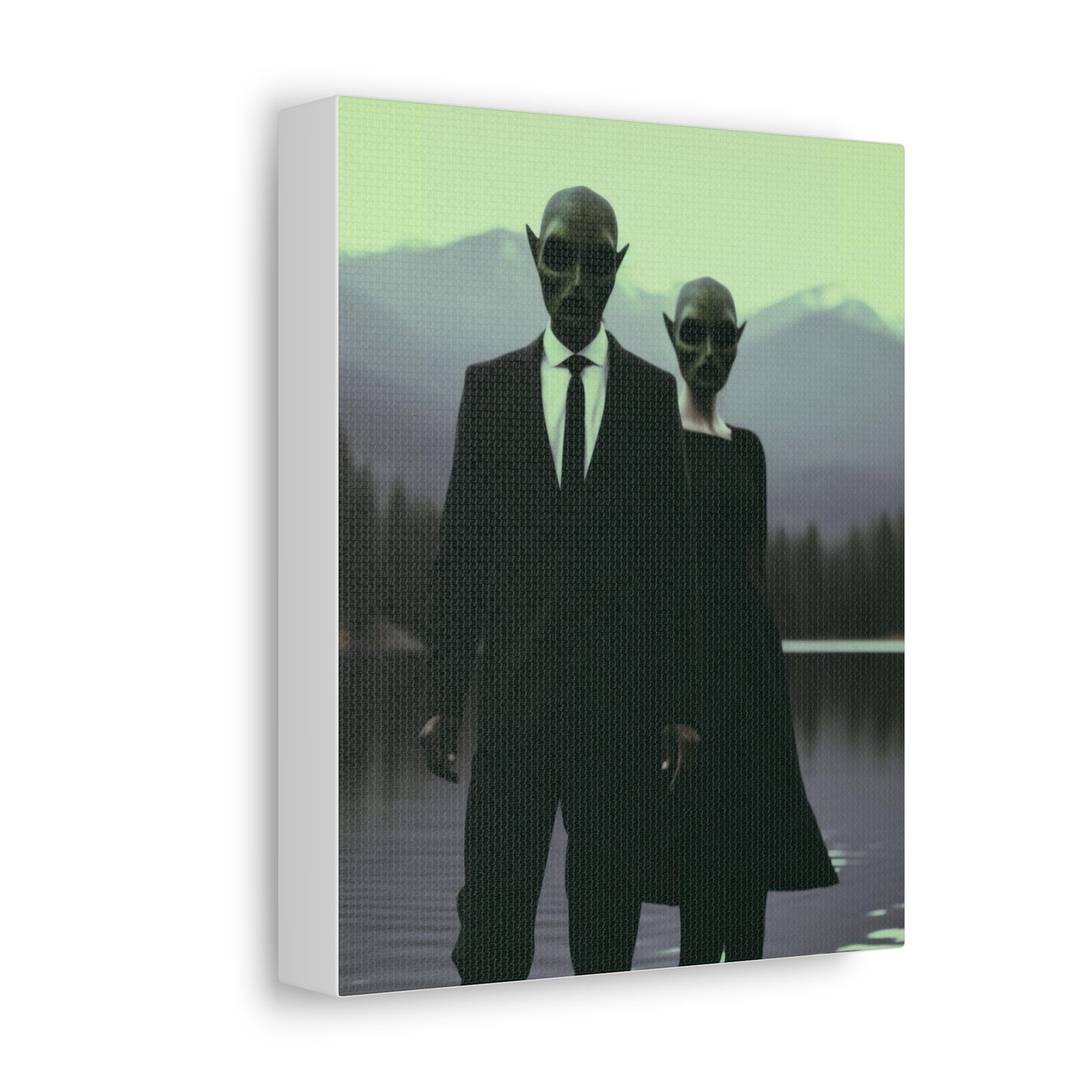 Couple Wearing Alien Mask, Sunglasses Photorealism in Silhouette 'Designed by AI' Art Print on Canvas