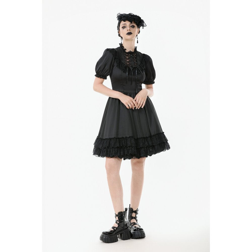 Dark in Love Belladonna Lace-Up High Collar Puff Sleeve Goth Dress, Plus Sizes