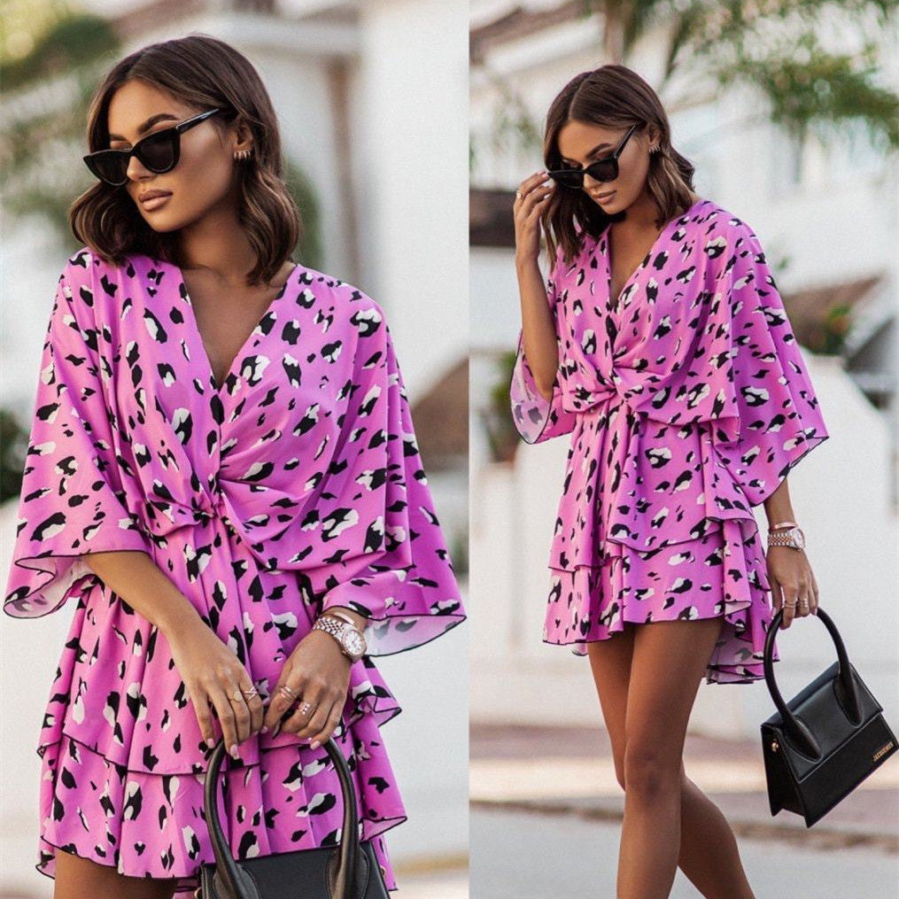 Vireous Fashion Print Doll-Sleeve Loose Summer Dress