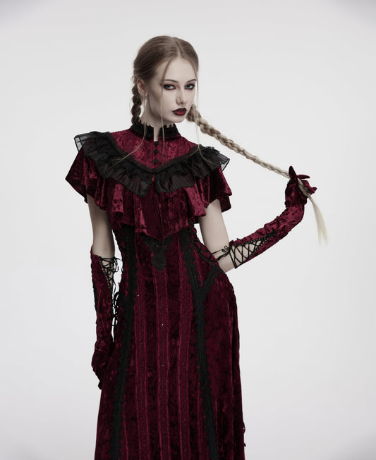 Punk Rave Selene Embroidered Velvet Gloves in Crimson