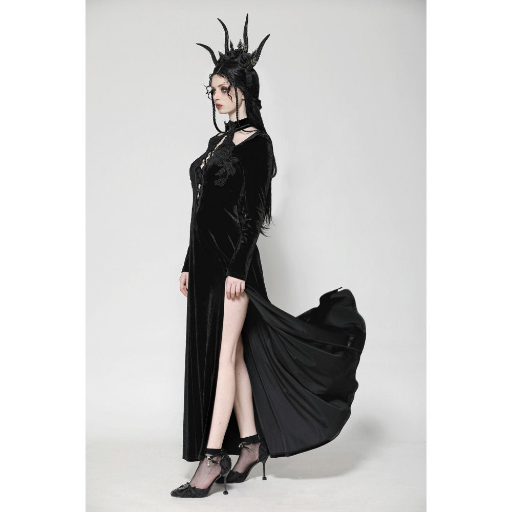 Dark in Love Vera Gothic Velvet High-Slit Maxi Dress with Hollow Neckline, Embroidered Buttons