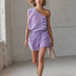 Vireous Cotton-Linen One-Shoulder Sleeveless Summer Top and Shorts Set