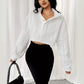 Women's Stand Up Collar Front Button Long Sleeve Textured Short Top