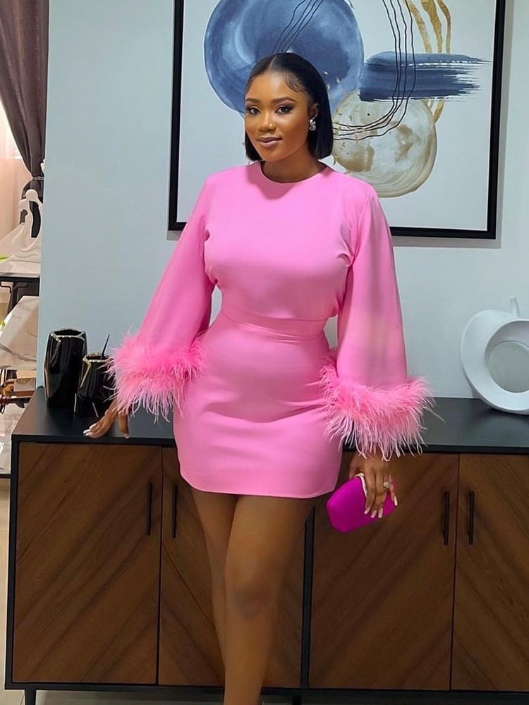 Square Collar Ostrich Feather, Long Sleeve Socialite Dress Vireous.Shop Square Collar Ostrich Feather, Long Sleeve Socialite Dress Vireous.Shop