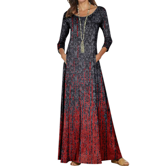 Round Neck Abstract Print Long Dress, Plus Sizes